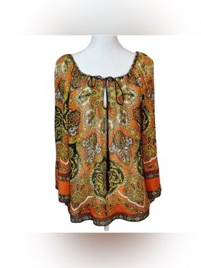 Hale Bob Cabana | 100% Silk Peasant Blouse Wide Sleeve Keyhole Neck Orange Large
